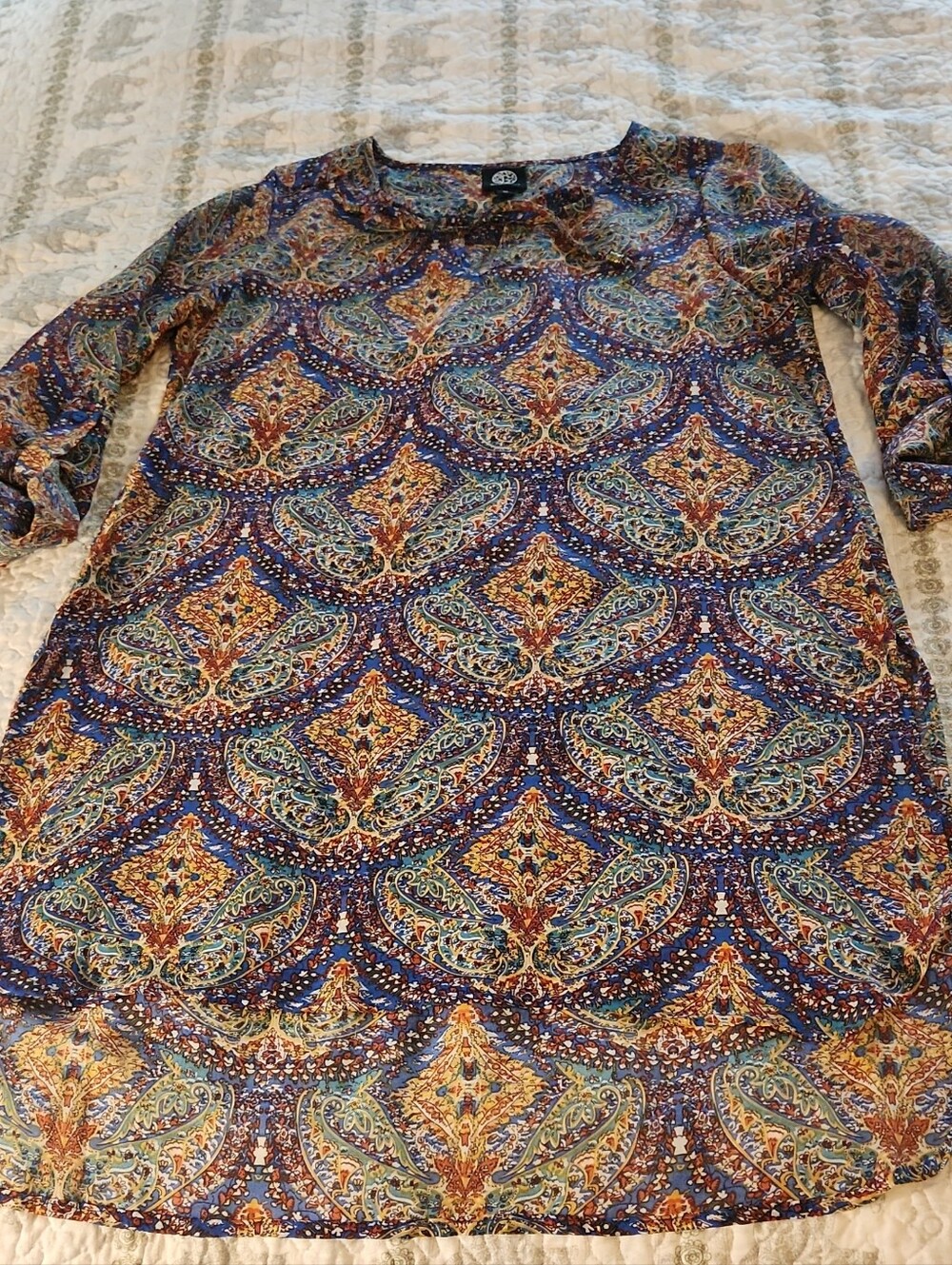 bobeau Paisley 3/4 Sleeve Tunic - Blue & Gold